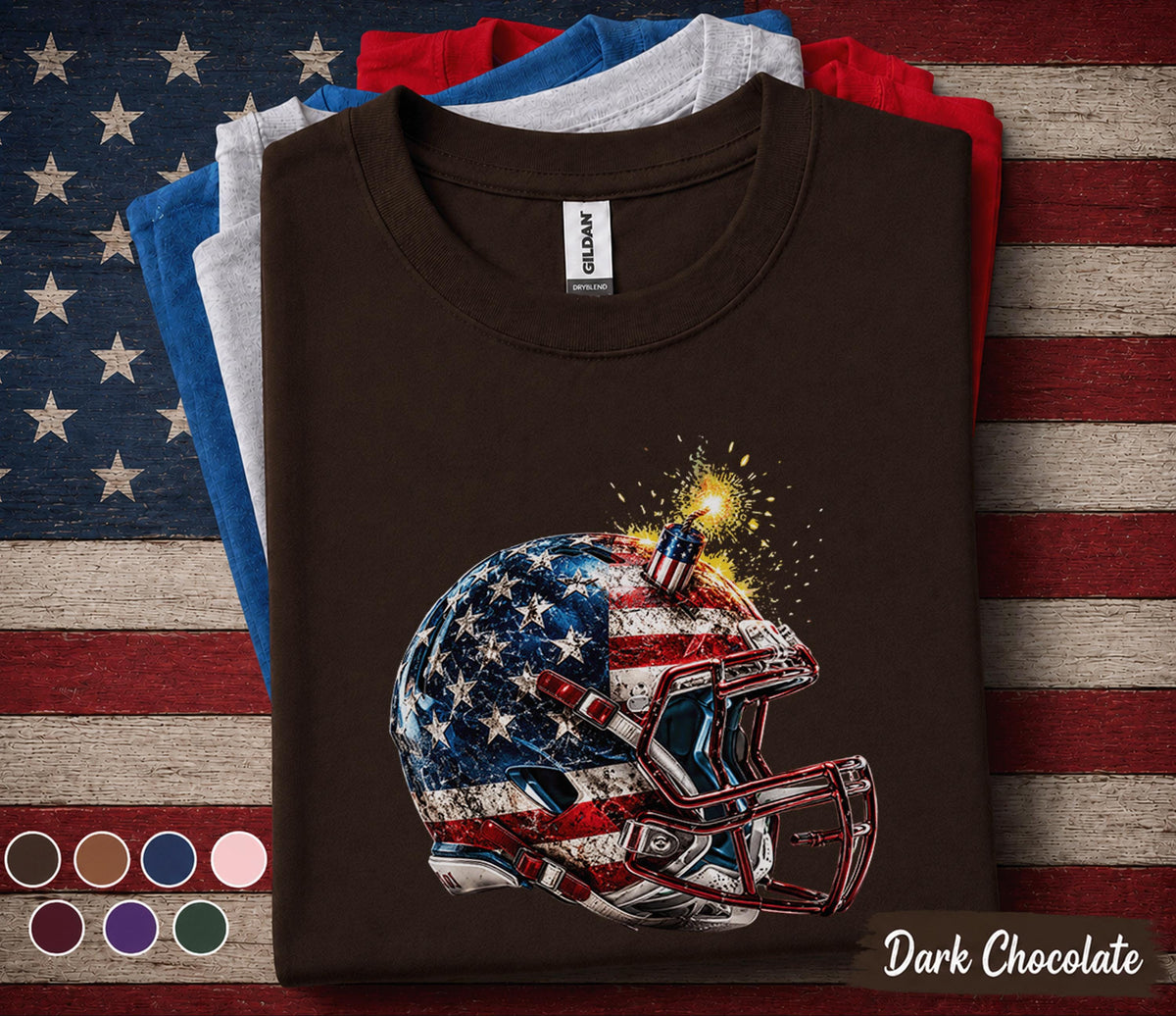 Patriotic Football Helmet Shirt, 4th of July Football Tee, American Flag Helmet Shirt, USA Football Fan Gift, Forth of July Football