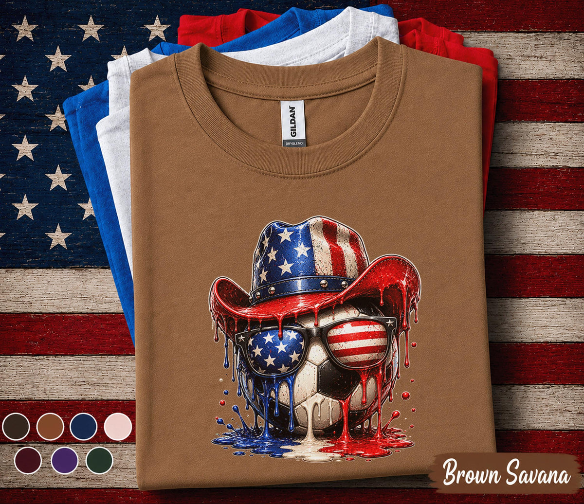 Patriotic Soccer Cowboy Shirt, 4th Of July Soccer Tee, American Flag Soccer Ball Shirt, USA Independence Day Sports Top Forth of July