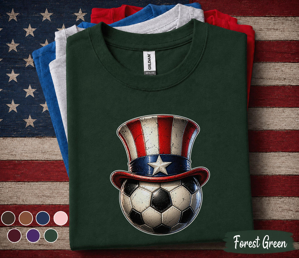 Patriotic Soccer Ball Shirt, Uncle Sam Hat Soccer Tee, 4th Of July Soccer Fan Shirt, American Flag Independence Day Sports Top Forth of July