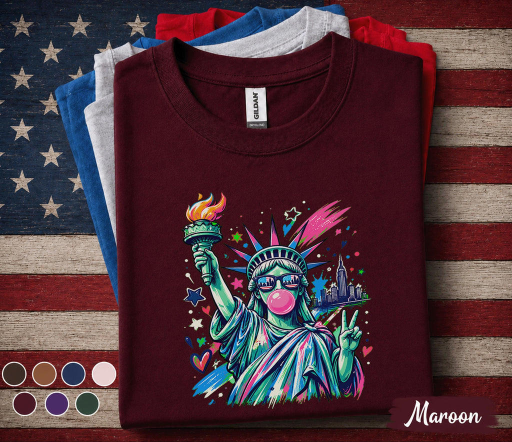 Statue Of Liberty Bubble Gum Shirt, Patriotic 4th Of July Tee, American Independence Day Graphic, USA Freedom Celebration Top Forth of July