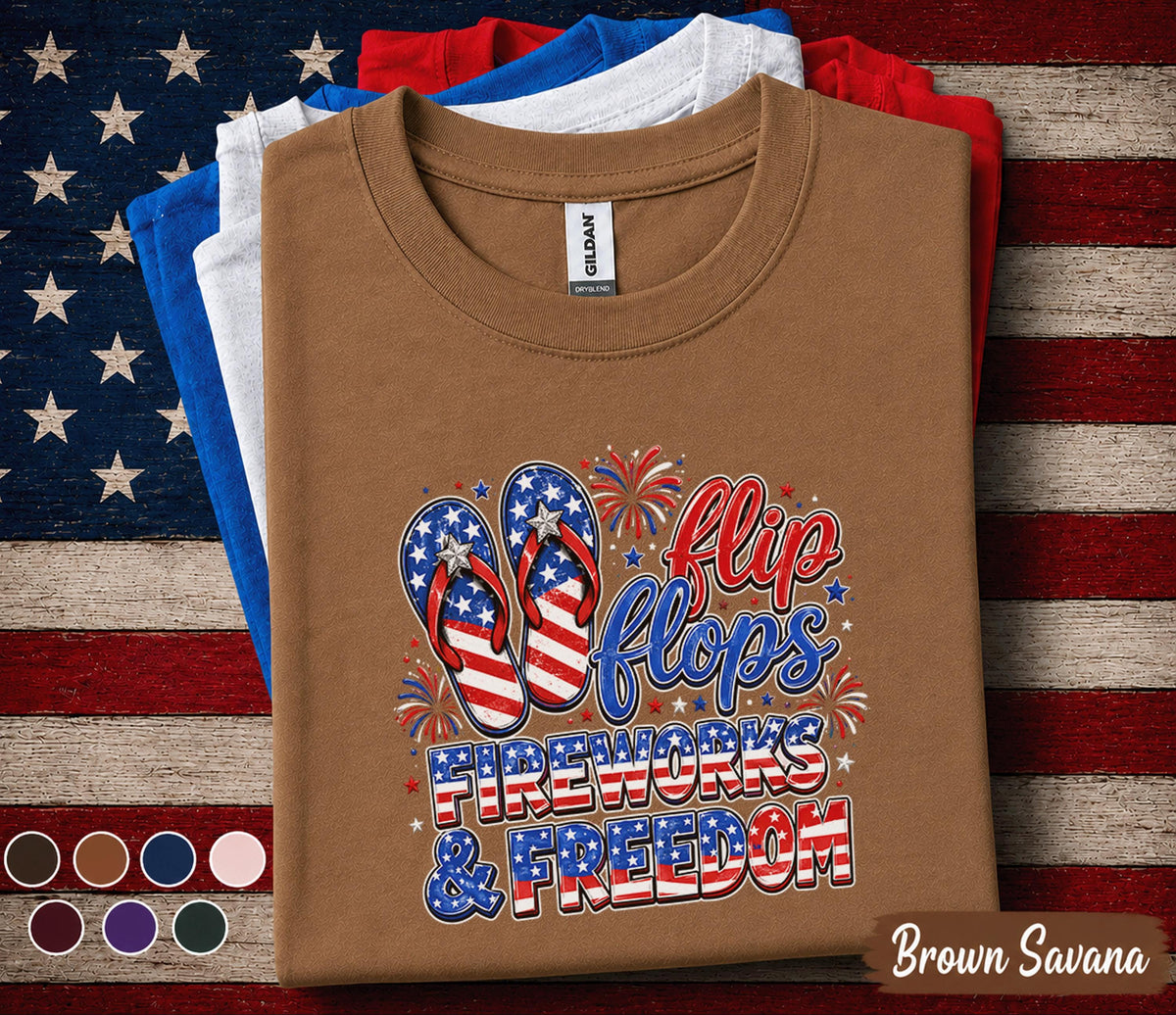 Flip Flops Fireworks Freedom Shirt, Patriotic 4th Of July Tee, American Flag Summer Vacation Top, Independence Day Party Shirt Forth of July