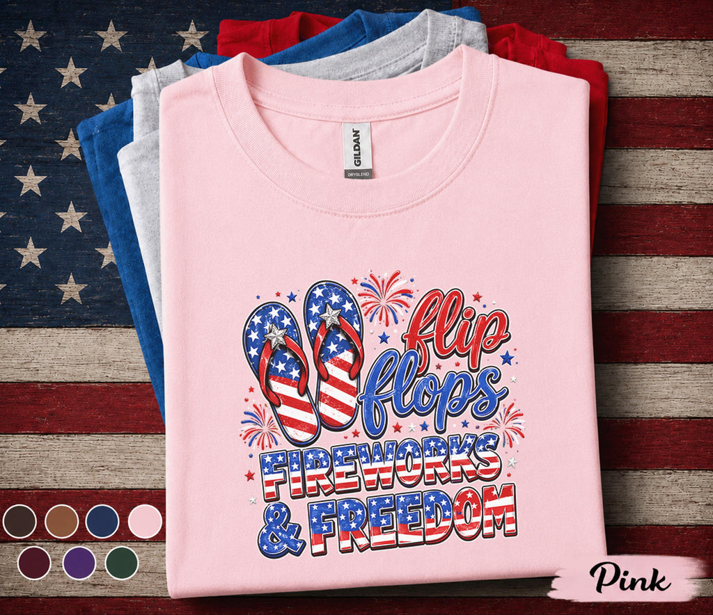Flip Flops Fireworks Freedom Shirt, Patriotic 4th Of July Tee, American Flag Summer Vacation Top, Independence Day Party Shirt Forth of July
