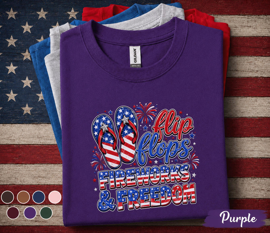 Flip Flops Fireworks Freedom Shirt, Patriotic 4th Of July Tee, American Flag Summer Vacation Top, Independence Day Party Shirt Forth of July