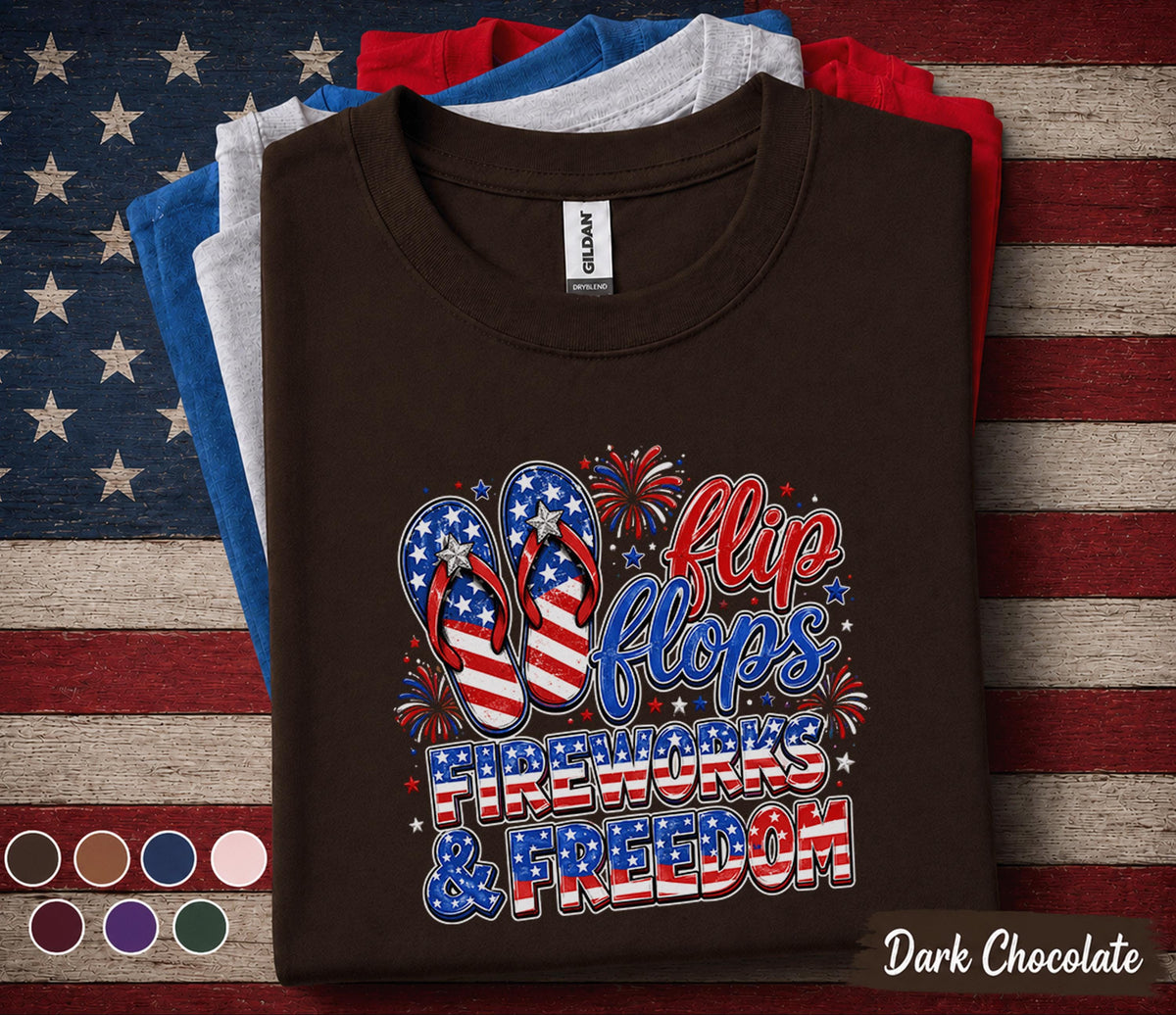 Flip Flops Fireworks Freedom Shirt, Patriotic 4th Of July Tee, American Flag Summer Vacation Top, Independence Day Party Shirt Forth of July
