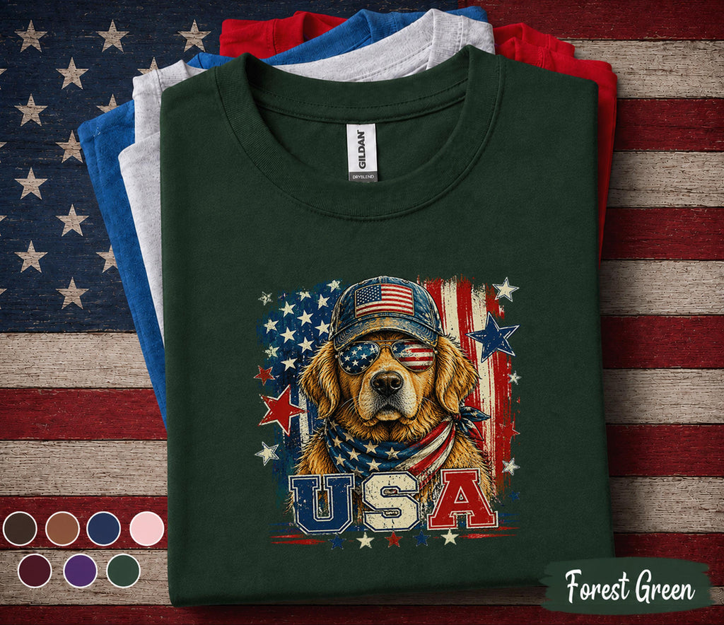 Patriotic Golden Retriever Shirt, USA Dog Lover 4th Of July Tee, American Flag Puppy Shirt, Independence Day Dog Mom Gift Forth of July