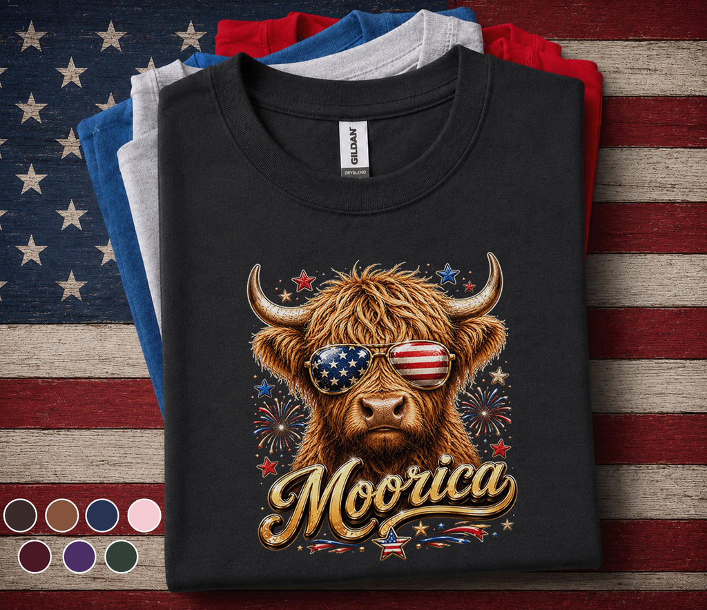 Moorica Highland Cow Shirt Patriotic Cow Tee Funny 4th Of July Shirt American Flag Sunglasses Cow Forth of July Gift ...