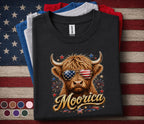 Moorica Highland Cow Shirt Patriotic Cow Tee Funny 4th Of July Shirt American Flag Sunglasses Cow Forth of July Gift ...