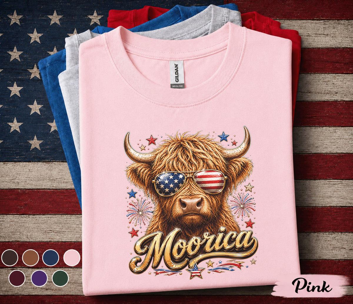 Moorica Highland Cow Shirt Patriotic Cow Tee Funny 4th Of July Shirt American Flag Sunglasses Cow Forth of July Gift USA Farm Animal Tee