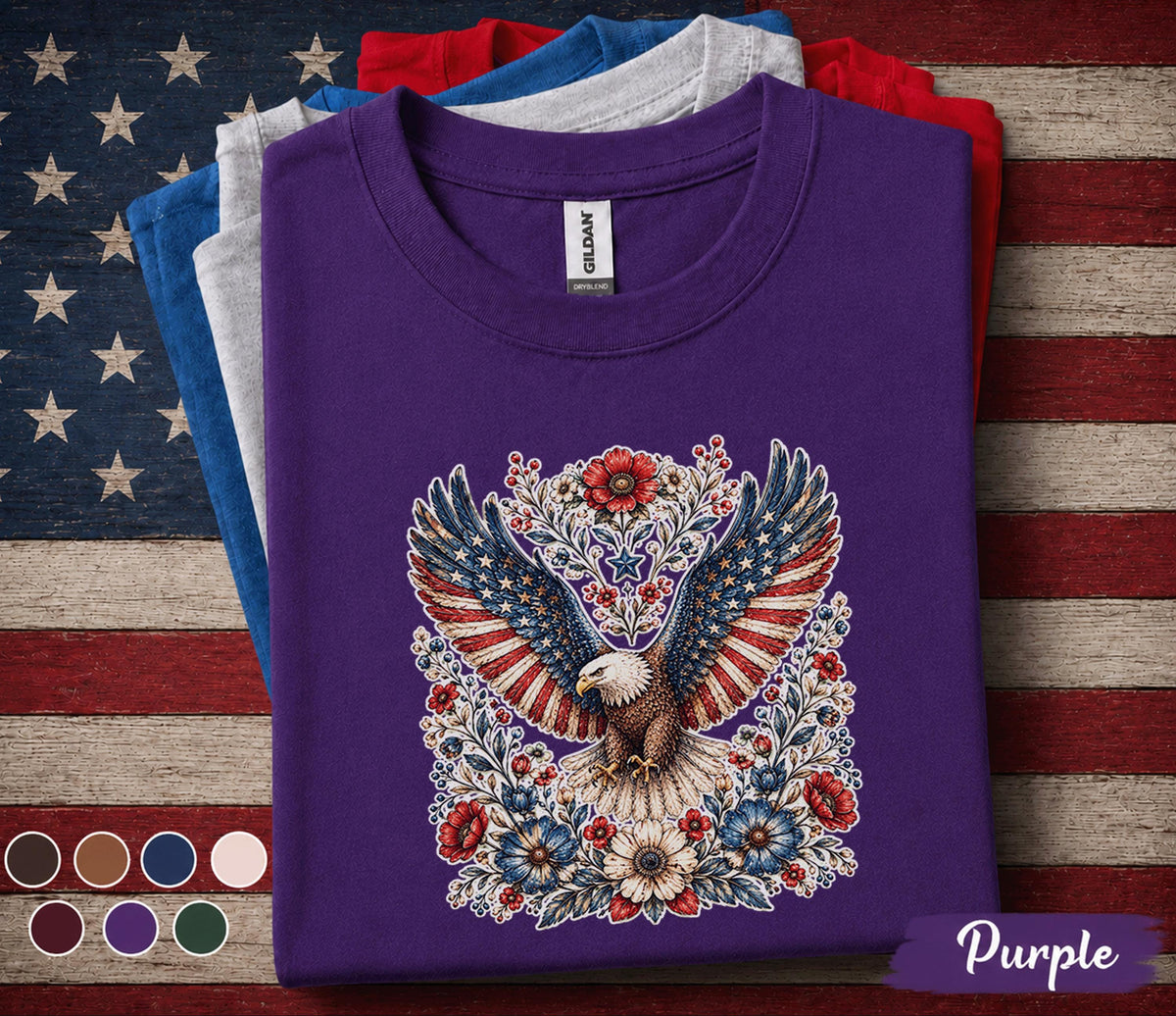 Patriotic Eagle Floral Shirt 4th Of July Eagle Tee American Flag Wings Shirt Independence Day USA Freedom Shirt Patriotic Gift Forth of July