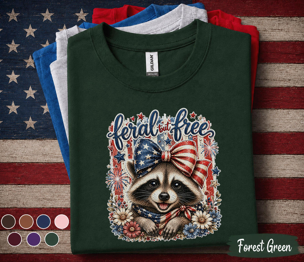 Feral But Free Raccoon Shirt Patriotic Raccoon Tee 4th Of July Animal Shirt American Bow Independence Day USA Freedom Gift Forth of July