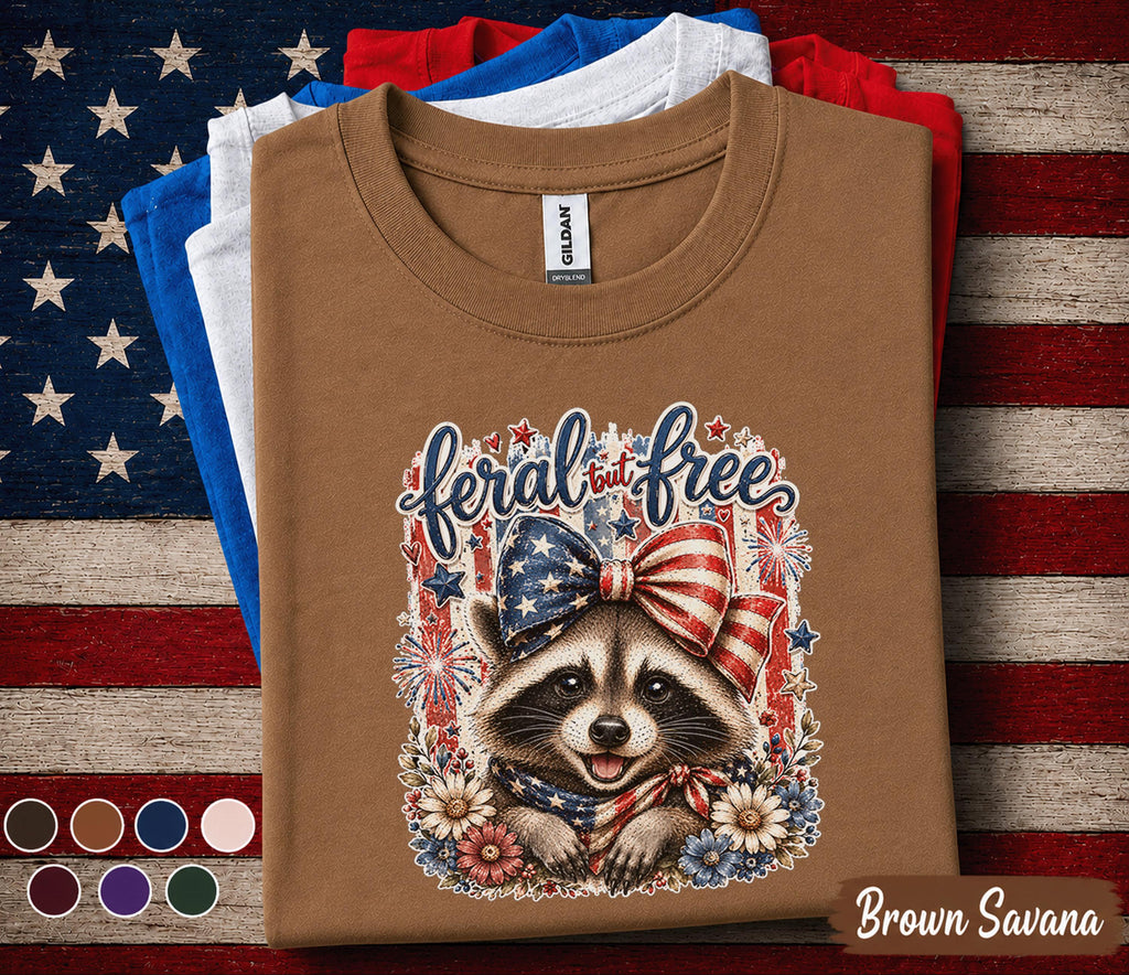 Feral But Free Raccoon Shirt Patriotic Raccoon Tee 4th Of July Animal Shirt American Bow Independence Day USA Freedom Gift Forth of July