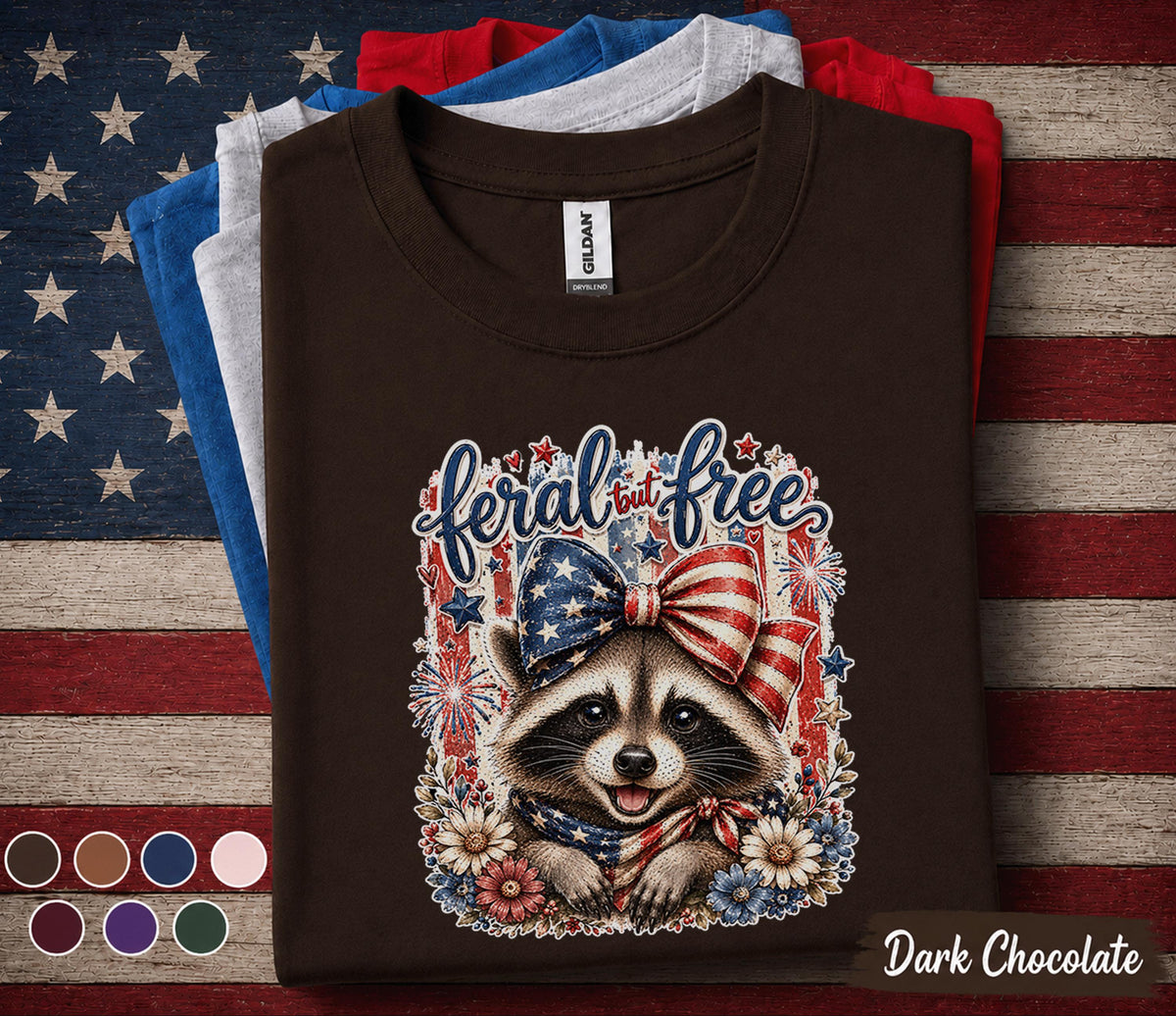Feral But Free Raccoon Shirt Patriotic Raccoon Tee 4th Of July Animal Shirt American Bow Independence Day USA Freedom Gift Forth of July