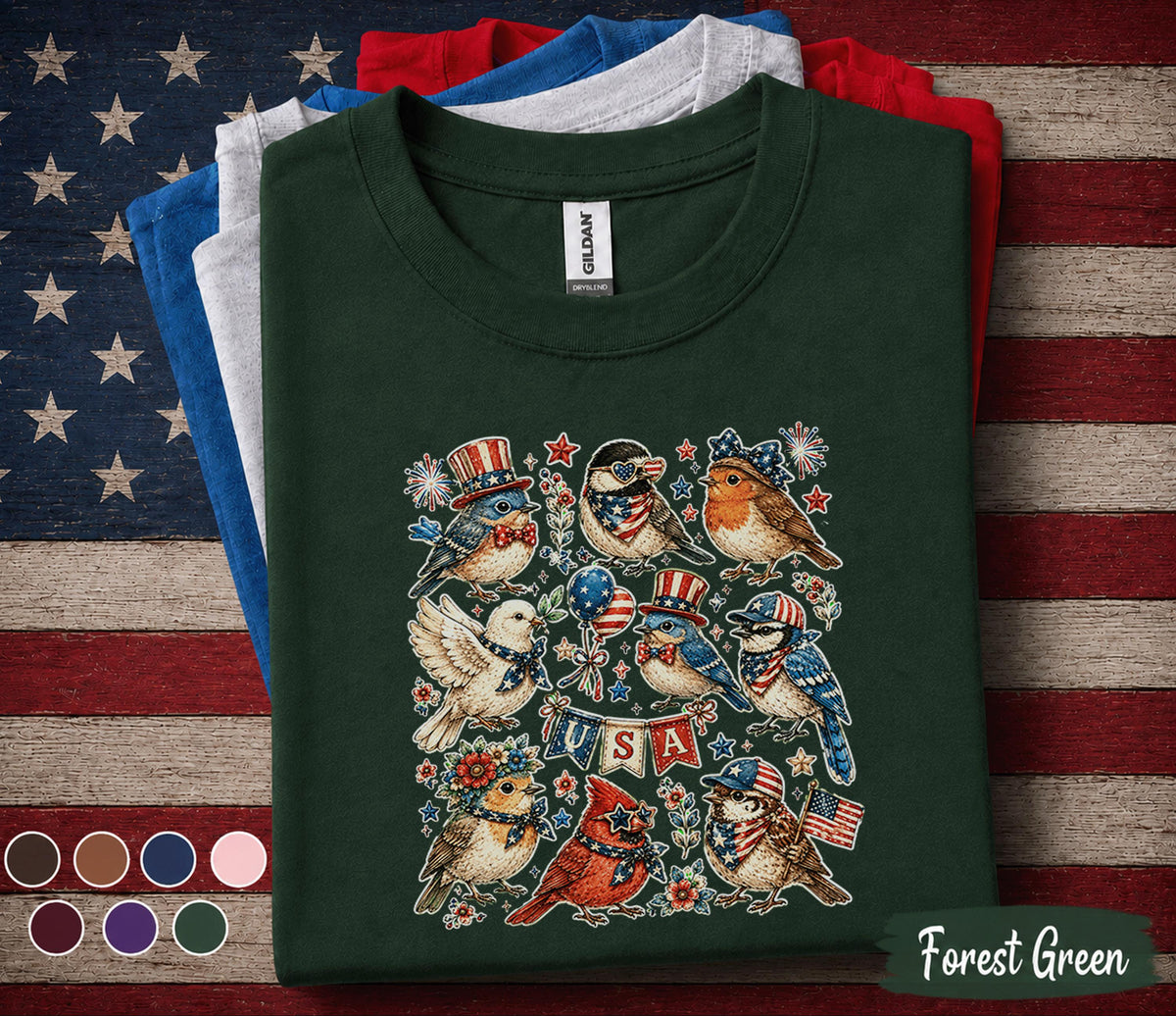 Patriotic Birds Shirt USA Bird Lover Tee American Flag Songbirds 4th of July Shirt Independence Day Gift Americana Bird Tee Forth of July
