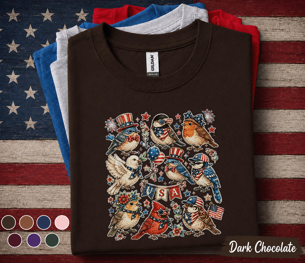 Patriotic Birds Shirt USA Bird Lover Tee American Flag Songbirds 4th of July Shirt Independence Day Gift Americana Bird Tee Forth of July