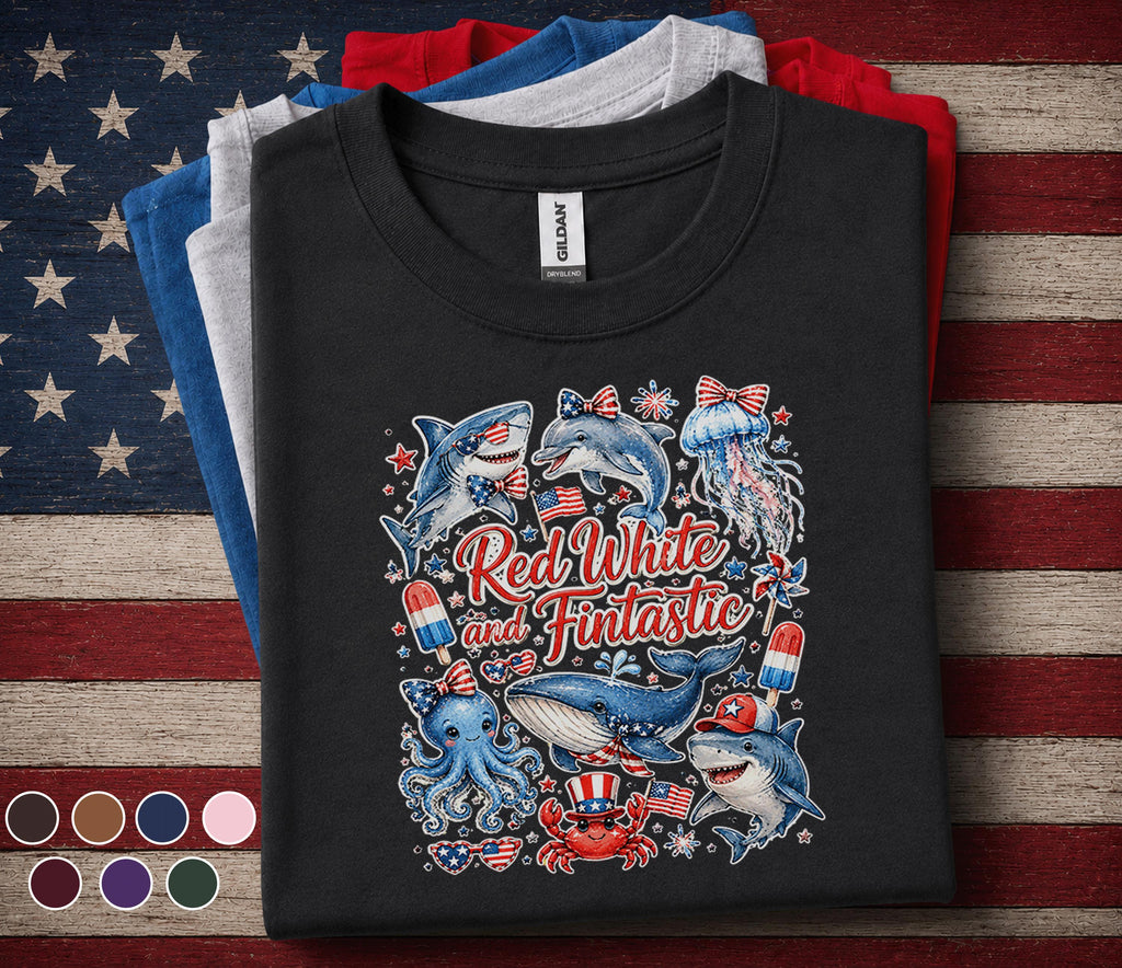 Red White and Fintastic Shirt Patriotic Ocean Animals Tee 4th of July Sea Life Shirt Independence Day Marine Life Gif...