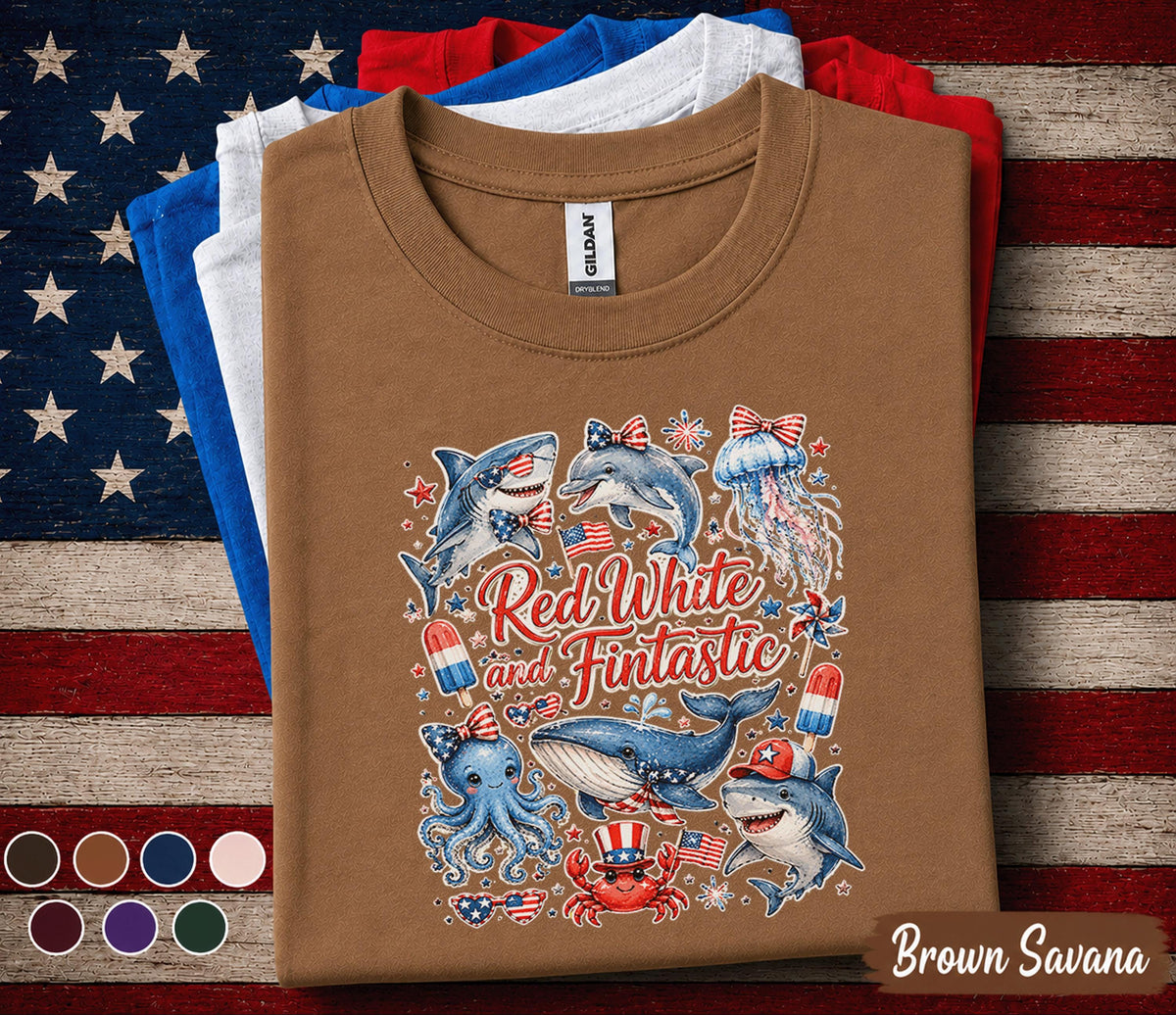 Red White and Fintastic Shirt Patriotic Ocean Animals Tee 4th of July Sea Life Shirt Independence Day Marine Life Gift Forth of July