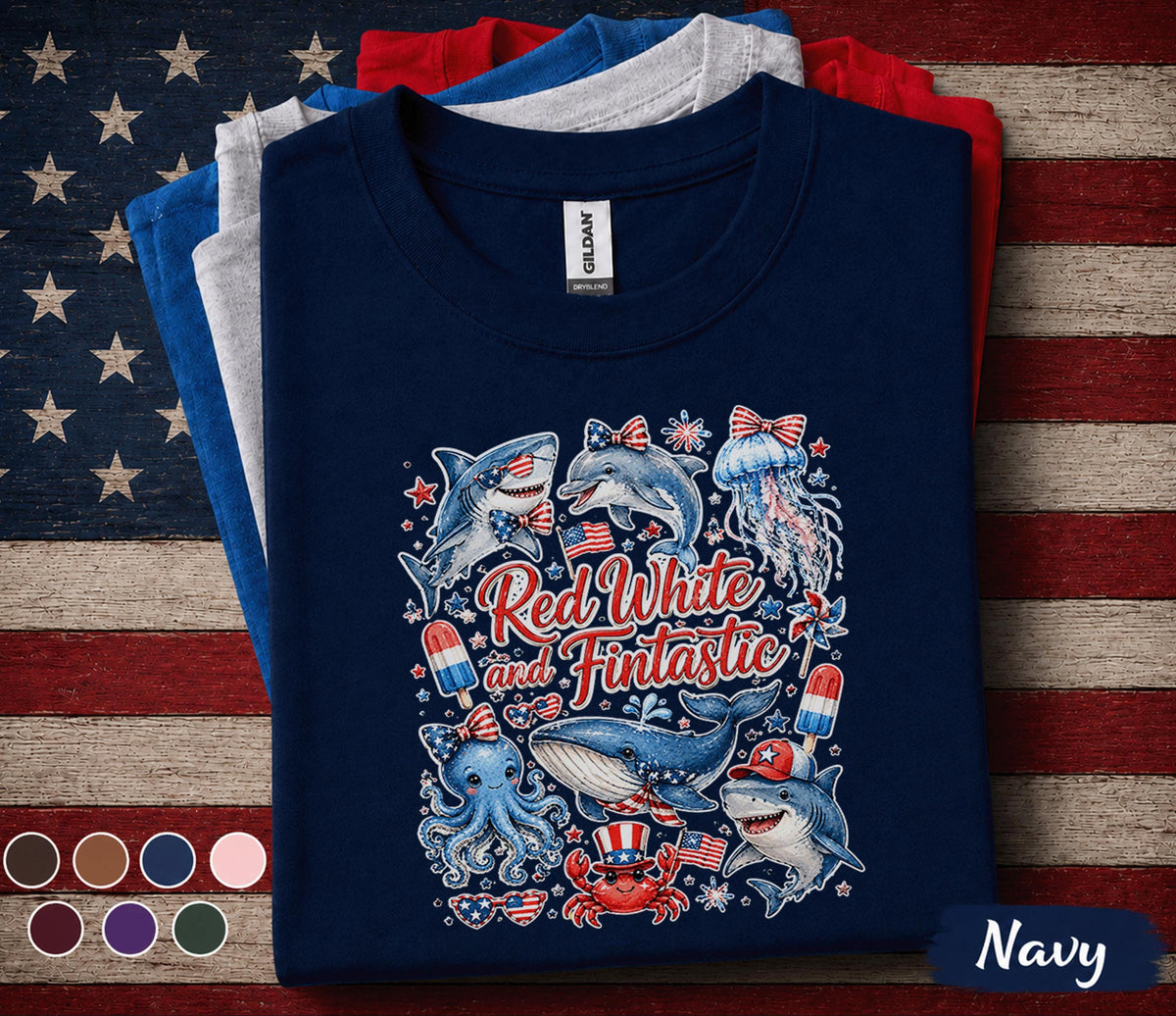 Red White and Fintastic Shirt Patriotic Ocean Animals Tee 4th of July Sea Life Shirt Independence Day Marine Life Gift Forth of July