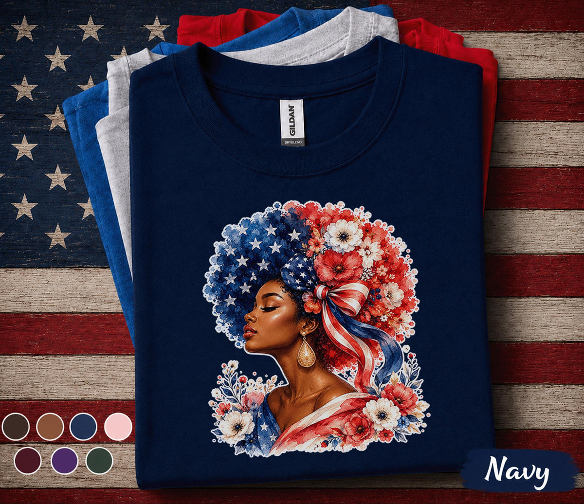 4th of July Shirt, Patriotic Black Woman Shirt, American Flag Afro Tee, Independence Day Gift, USA Floral Freedom Forth of July Tee