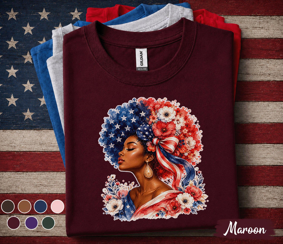 4th of July Shirt, Patriotic Black Woman Shirt, American Flag Afro Tee, Independence Day Gift, USA Floral Freedom Forth of July Tee