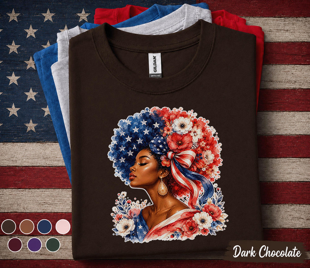 4th of July Shirt, Patriotic Black Woman Shirt, American Flag Afro Tee, Independence Day Gift, USA Floral Freedom Forth of July Tee