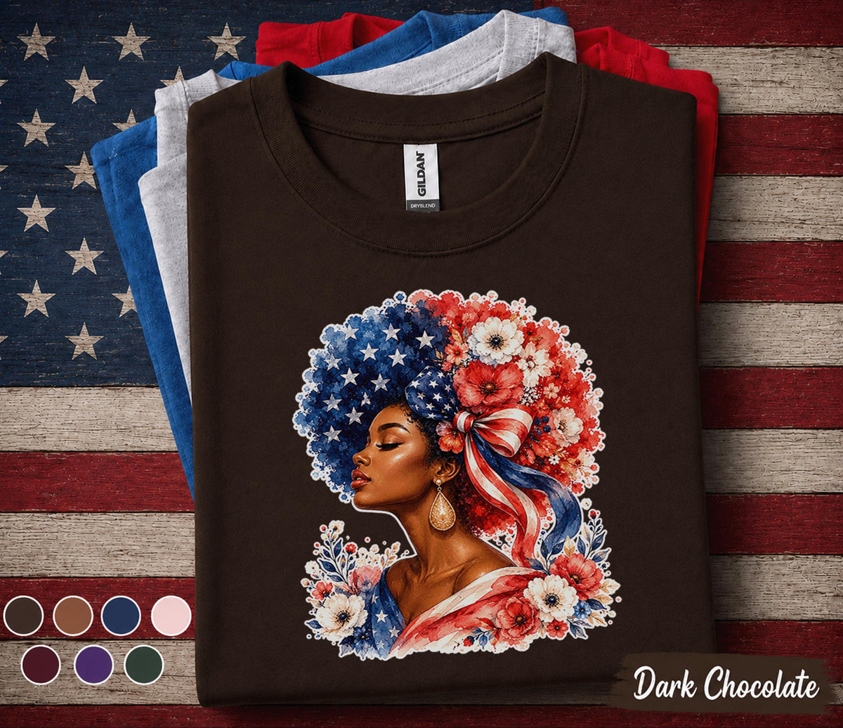 4th of July Shirt, Patriotic Black Woman Shirt, American Flag Afro Tee, Independence Day Gift, USA Floral Freedom Forth of July Tee