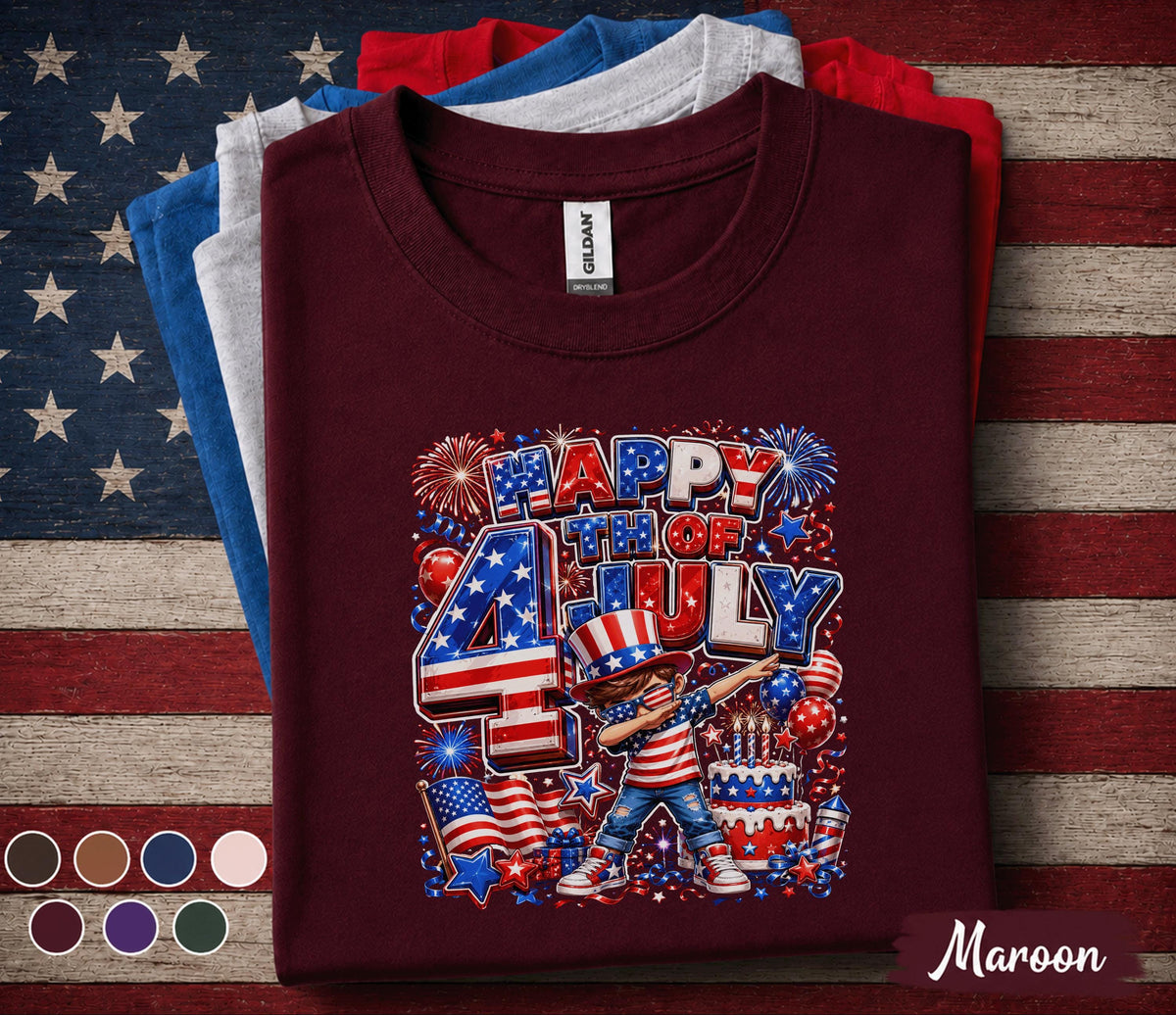 Happy 4th of July Shirt for Youth Kids, Patriotic Dabbing Boy Tee, Independence Day Fireworks Gifts, America Birthday Party Top