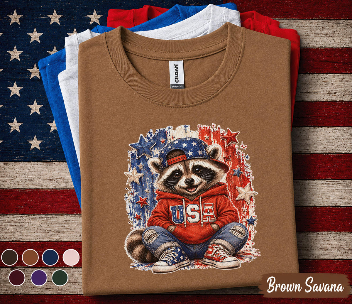 4th of July Raccoon Shirt, Patriotic USA Raccoon Tee, Cute American Flag Forth of July, Independence Day Party Shirt Gift for Kids Adults