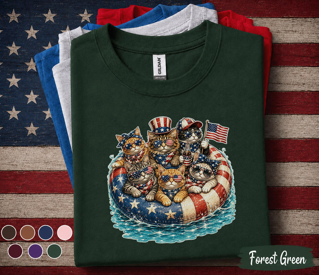4th of July Cat Shirt, Patriotic Cats Float Tee, American Flag Kitten Forth of July Shirt, Independence Day Cat Lover Gift, USA Party Tee
