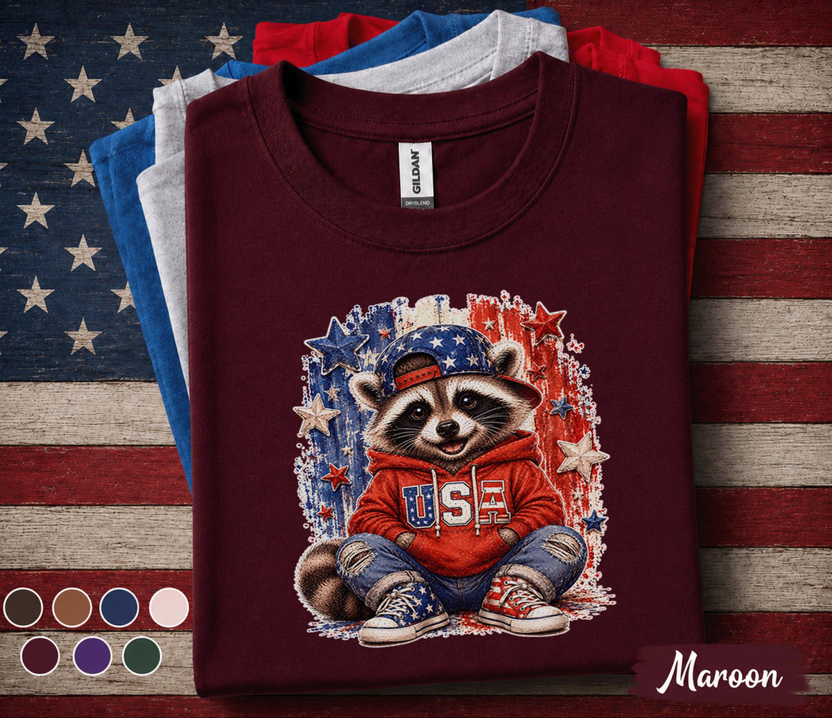 4th of July Raccoon Shirt, Patriotic USA Raccoon Tee, Cute American Flag Forth of July, Independence Day Party Shirt Gift for Kids Adults
