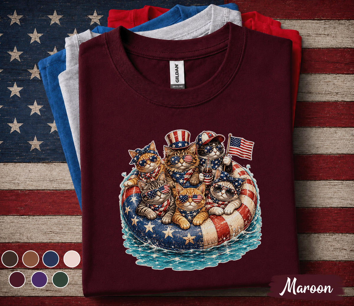 4th of July Cat Shirt, Patriotic Cats Float Tee, American Flag Kitten Forth of July Shirt, Independence Day Cat Lover Gift, USA Party Tee