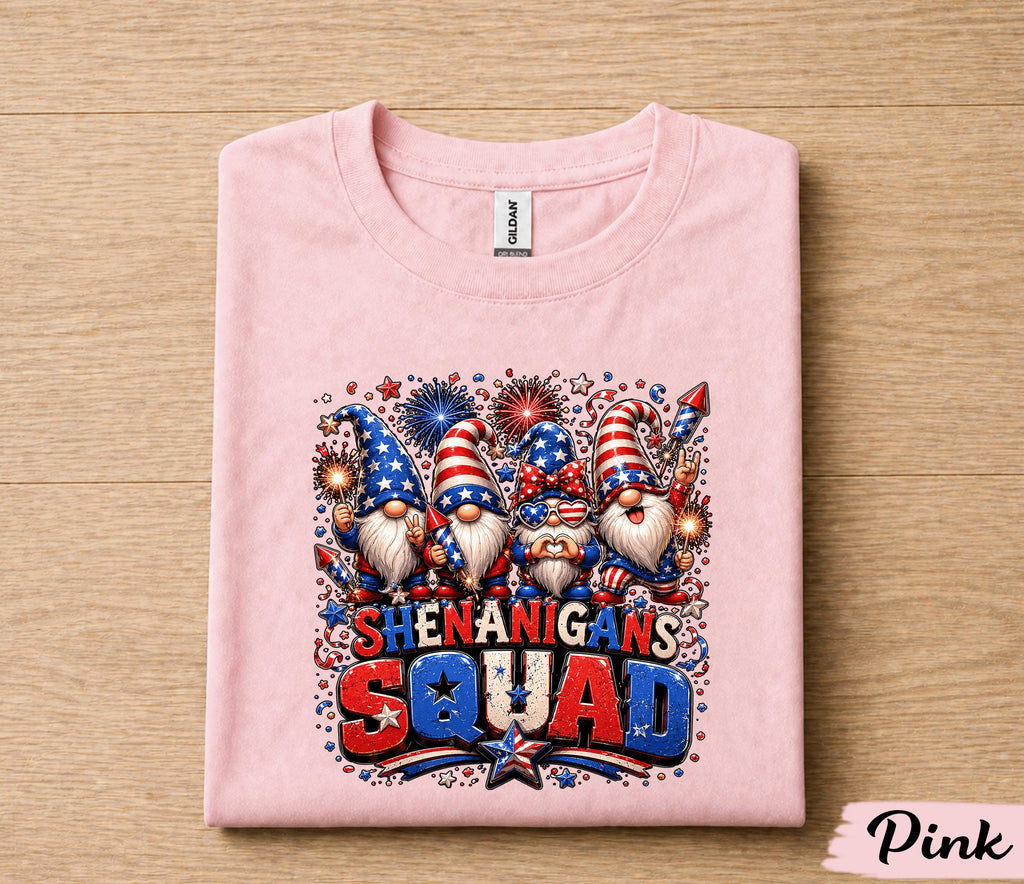 Shenanigans Squad 4th of July Shirt, Patriotic Gnome Independence Day Tee, USA Fireworks, Funny American Party Gift Forth of July