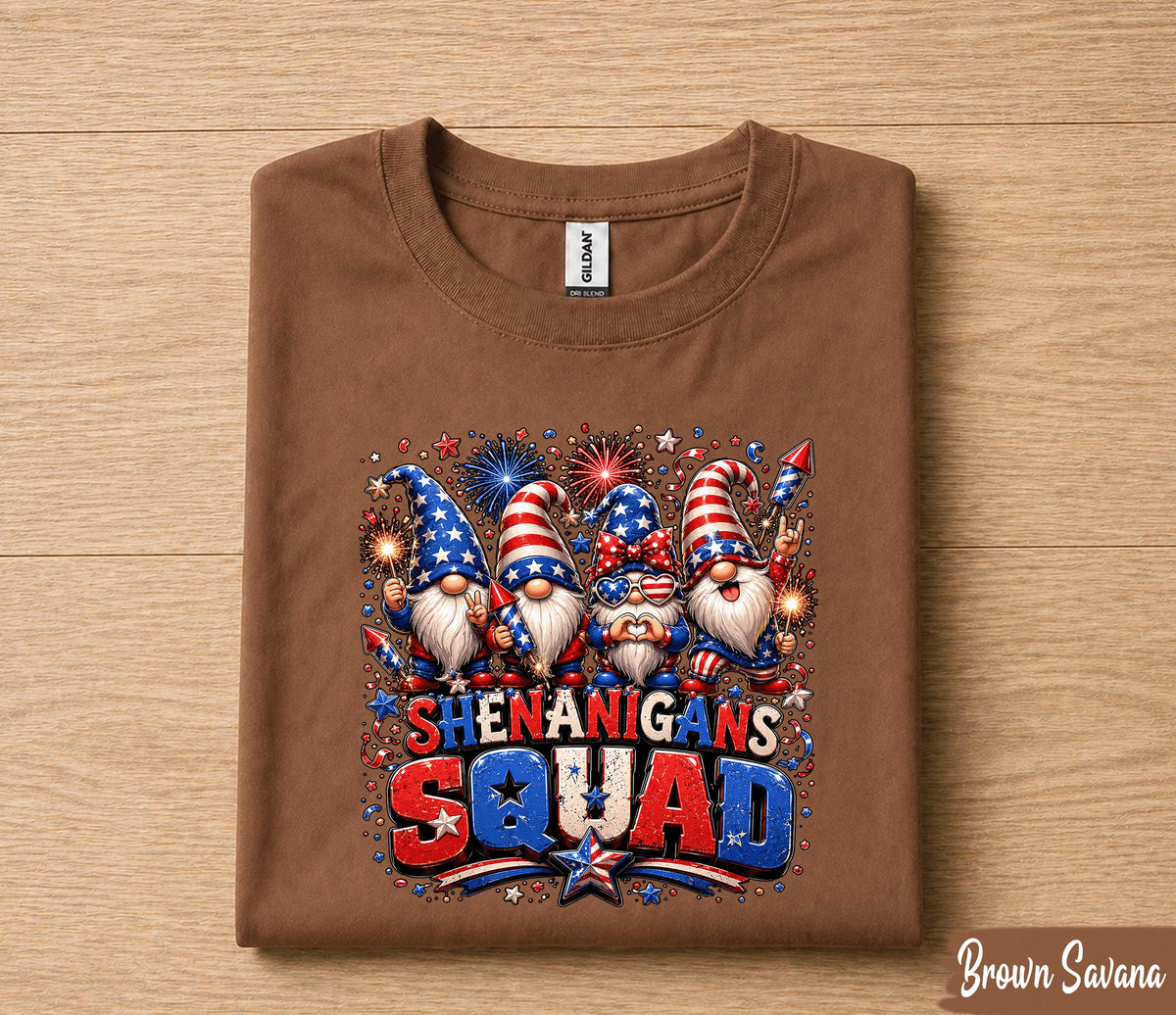 Shenanigans Squad 4th of July Shirt, Patriotic Gnome Independence Day Tee, USA Fireworks, Funny American Party Gift Forth of July