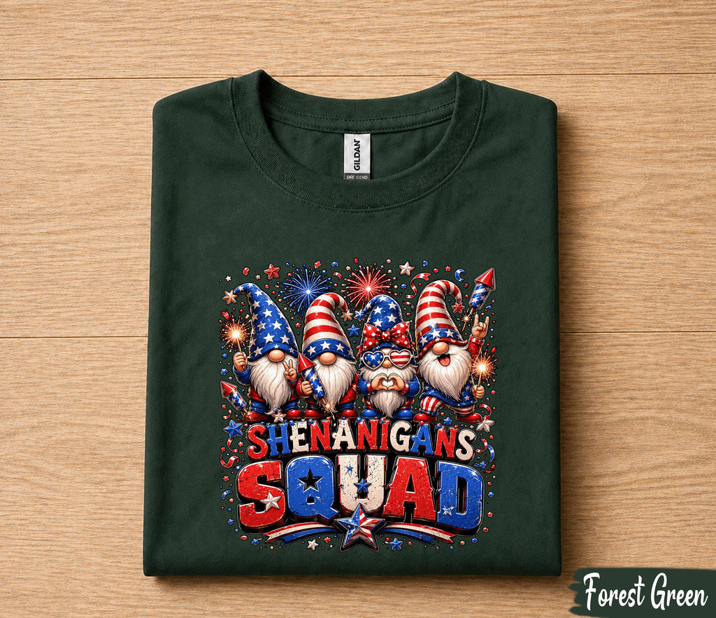 Shenanigans Squad 4th of July Shirt, Patriotic Gnome Independence Day Tee, USA Fireworks, Funny American Party Gift Forth of July