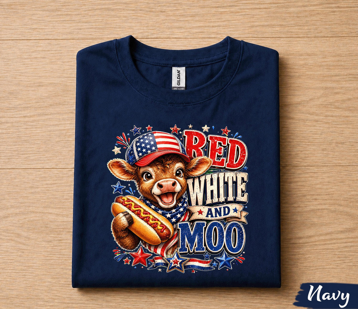 Red White and Moo 4th of July Shirt, Patriotic Cow Independence Day Tee, Funny American Farm Animal T-Shirt, USA Holiday Gift Forth of July