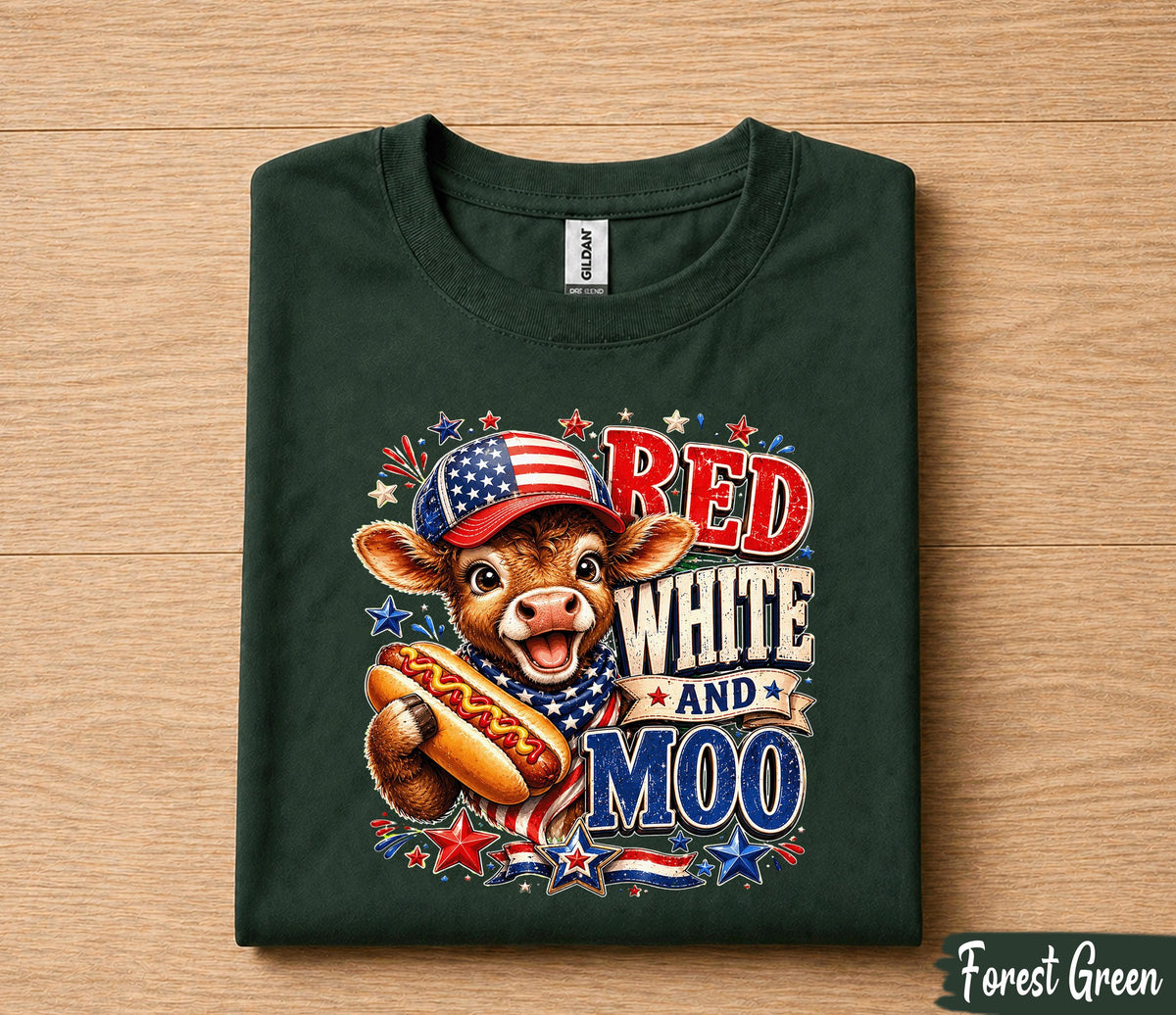 Red White and Moo 4th of July Shirt, Patriotic Cow Independence Day Tee, Funny American Farm Animal T-Shirt, USA Holiday Gift Forth of July