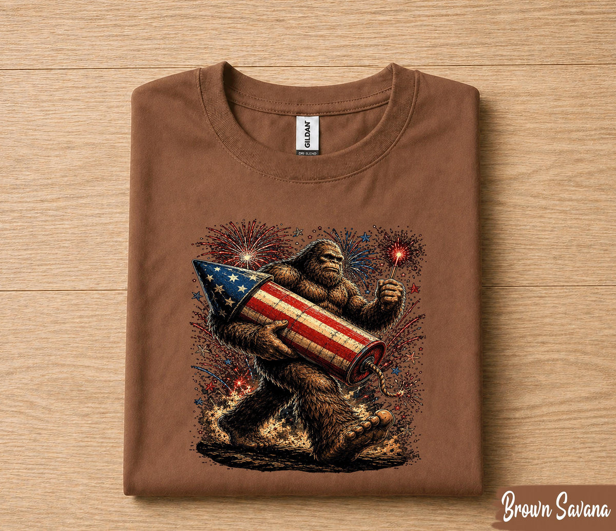 Bigfoot 4th of July Shirt, Patriotic Sasquatch Fireworks Tee, American Flag Rocket Independence Day T-Shirt, Funny USA Gift Forth of July