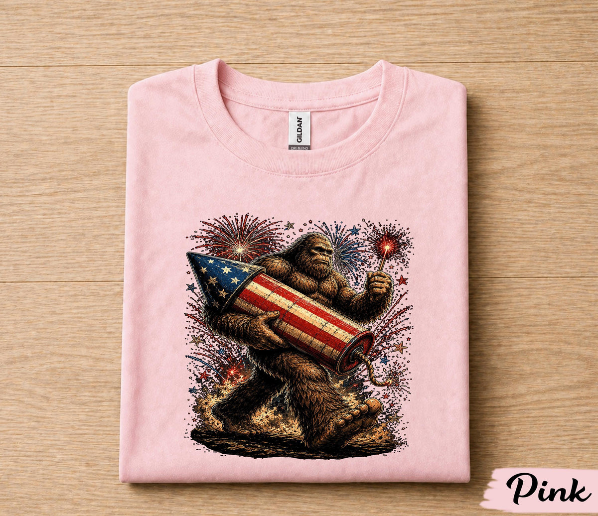 Bigfoot 4th of July Shirt, Patriotic Sasquatch Fireworks Tee, American Flag Rocket Independence Day T-Shirt, Funny USA Gift Forth of July