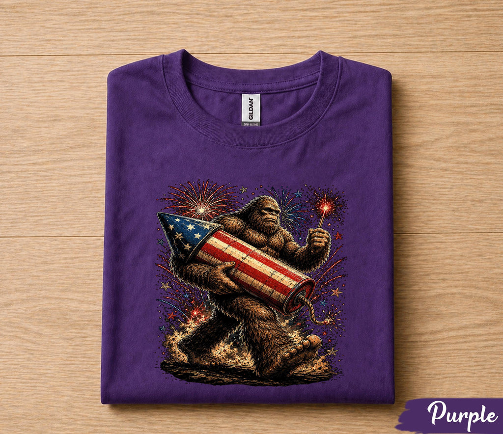 Bigfoot 4th of July Shirt, Patriotic Sasquatch Fireworks Tee, American Flag Rocket Independence Day T-Shirt, Funny USA Gift Forth of July
