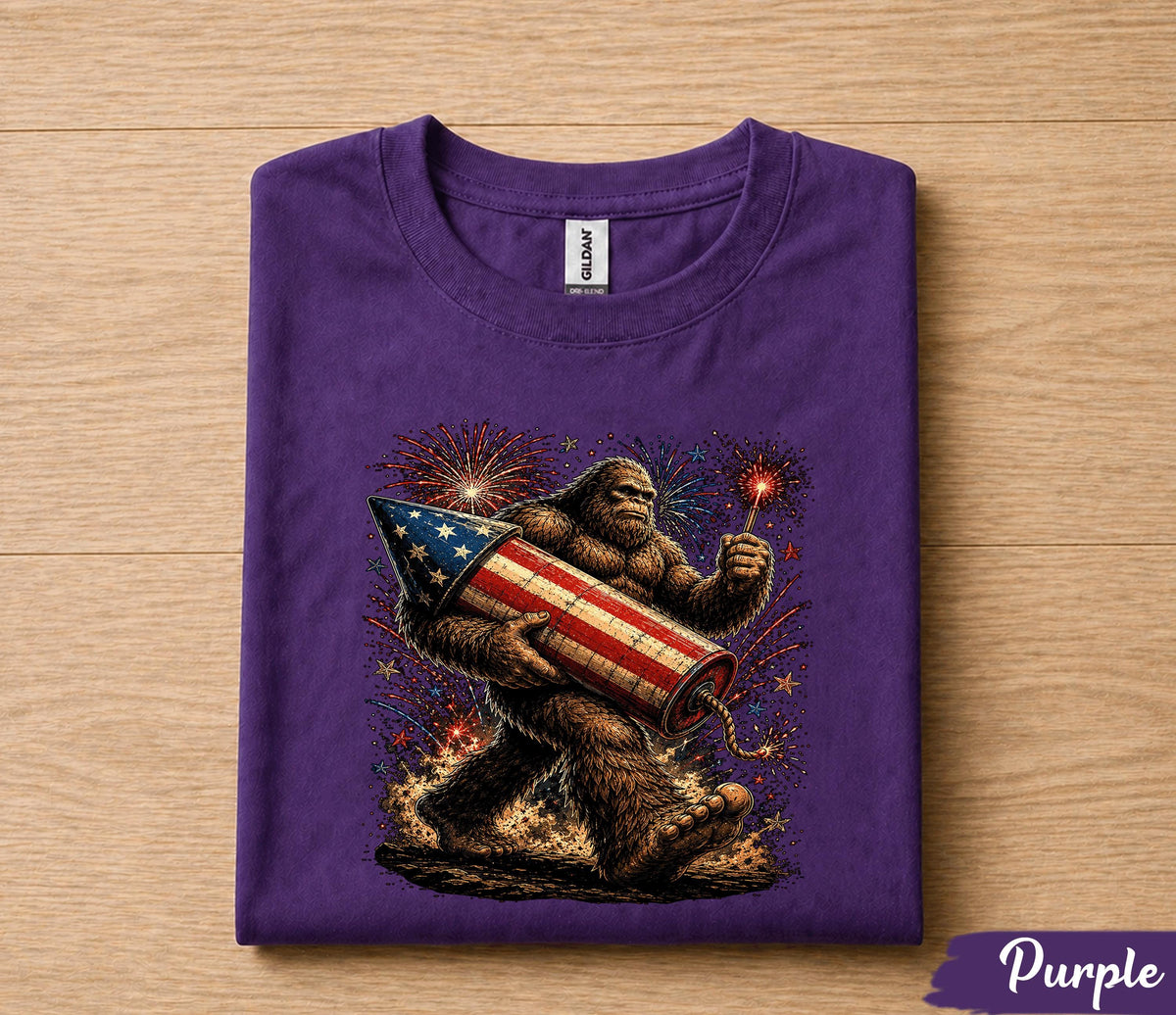 Bigfoot 4th of July Shirt, Patriotic Sasquatch Fireworks Tee, American Flag Rocket Independence Day T-Shirt, Funny USA Gift Forth of July