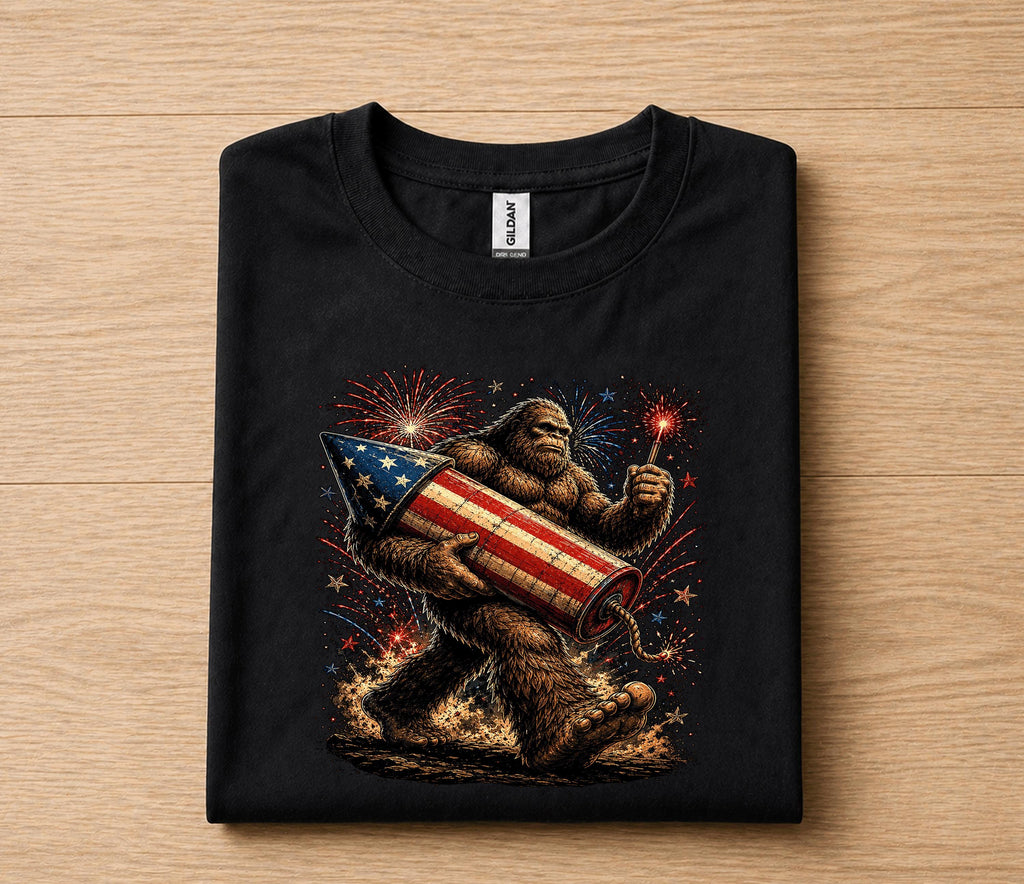 Bigfoot 4th of July Shirt, Patriotic Sasquatch Fireworks Tee
