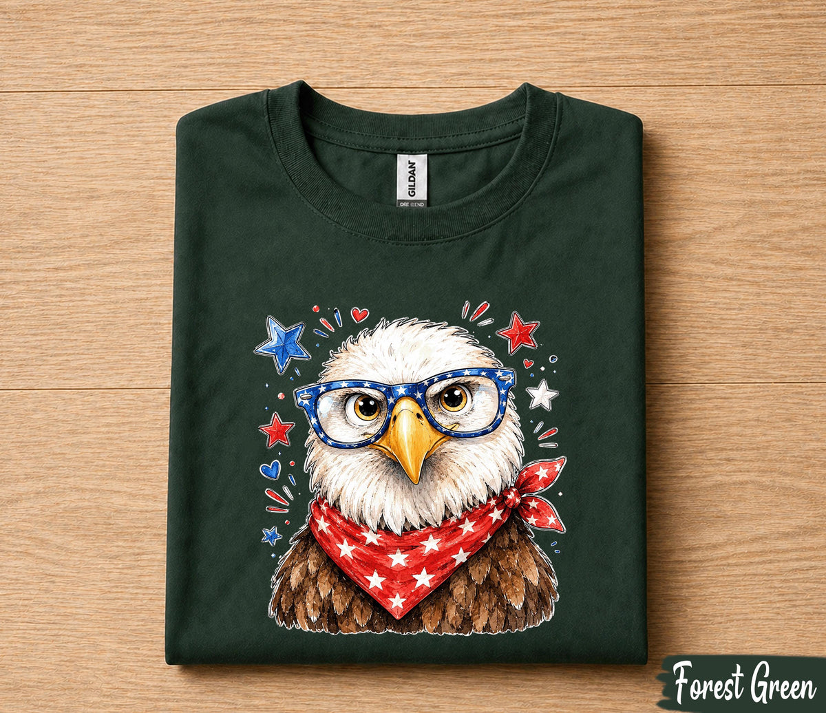 Cute Patriotic Eagle 4th of July Shirt, American Flag Glasses Bald Eagle Tee, Independence Day USA Women  T-Shirt Gift Forth of July