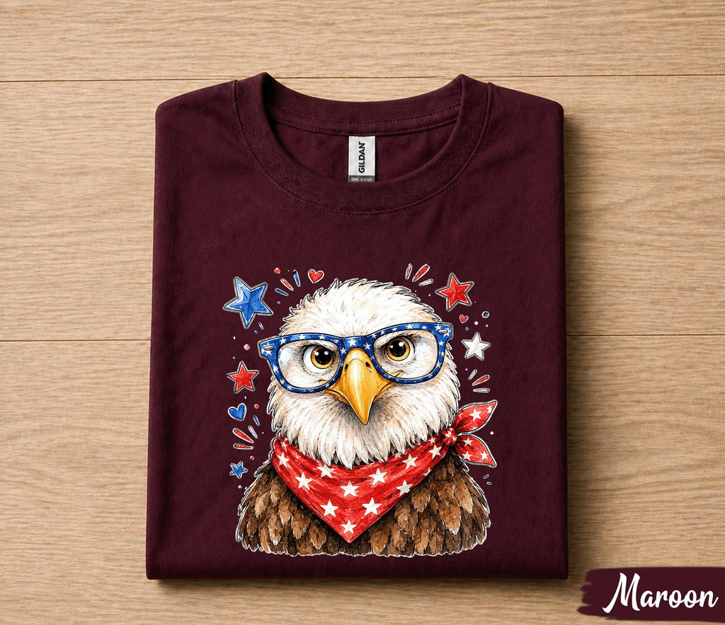 Cute Patriotic Eagle 4th of July Shirt, American Flag Glasses Bald Eagle Tee, Independence Day USA Women  T-Shirt Gift Forth of July
