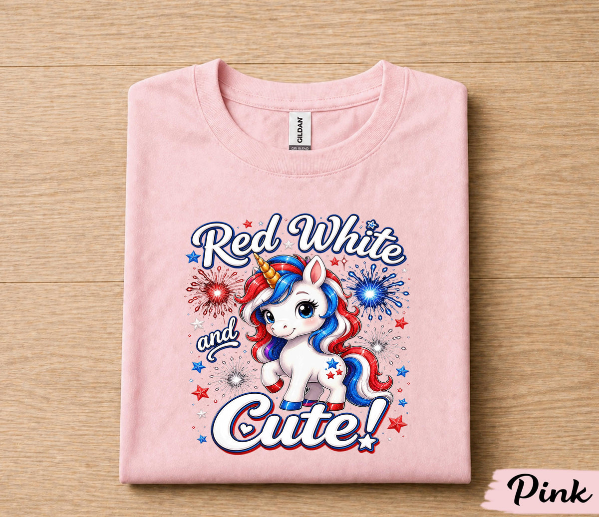 Red White and Cute Unicorn 4th of July Shirt, Patriotic Unicorn Independence Day Tee, Fireworks USA Party T-Shirt for Girls Forth of July