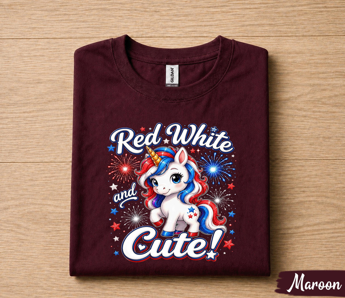 Red White and Cute Unicorn 4th of July Shirt, Patriotic Unicorn Independence Day Tee, Fireworks USA Party T-Shirt for Girls Forth of July