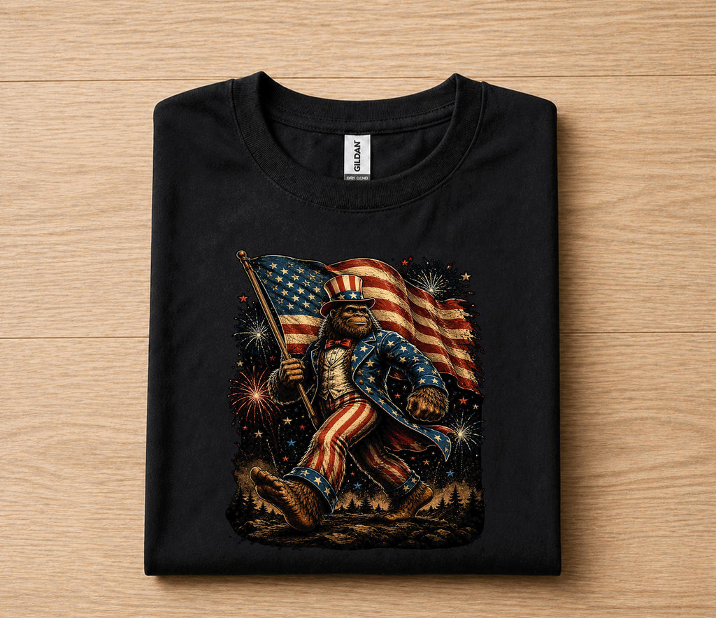 Patriotic Bigfoot Uncle Sam 4th of July Shirt, American Flag Sasquatch Independence Day Tee