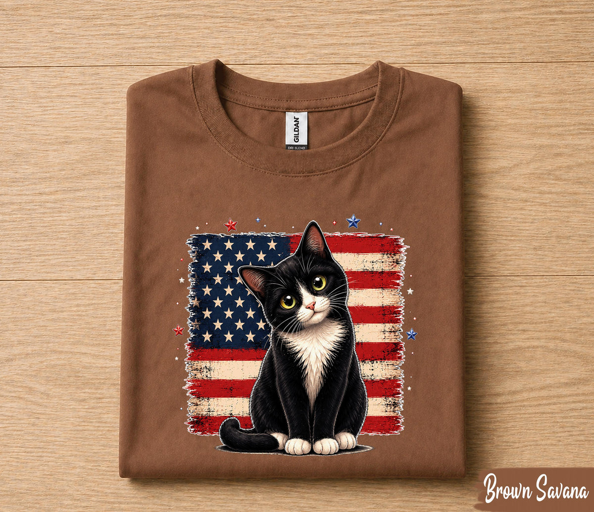 Patriotic Tuxedo Cat 4th of July Shirt, American Flag Cat Lover Tee, Cute Black White Kitty Independence Day Gift Forth of July