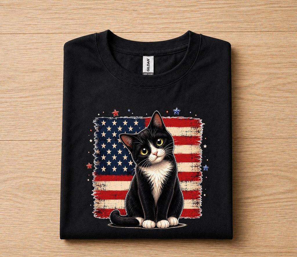 Patriotic Tuxedo Cat 4th of July Shirt, American Flag Cat Lover Tee