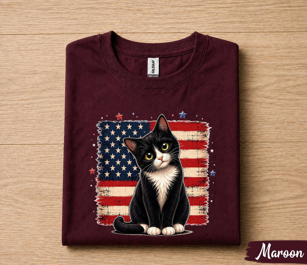 Patriotic Tuxedo Cat 4th of July Shirt, American Flag Cat Lover Tee, Cute Black White Kitty Independence Day Gift Forth of July