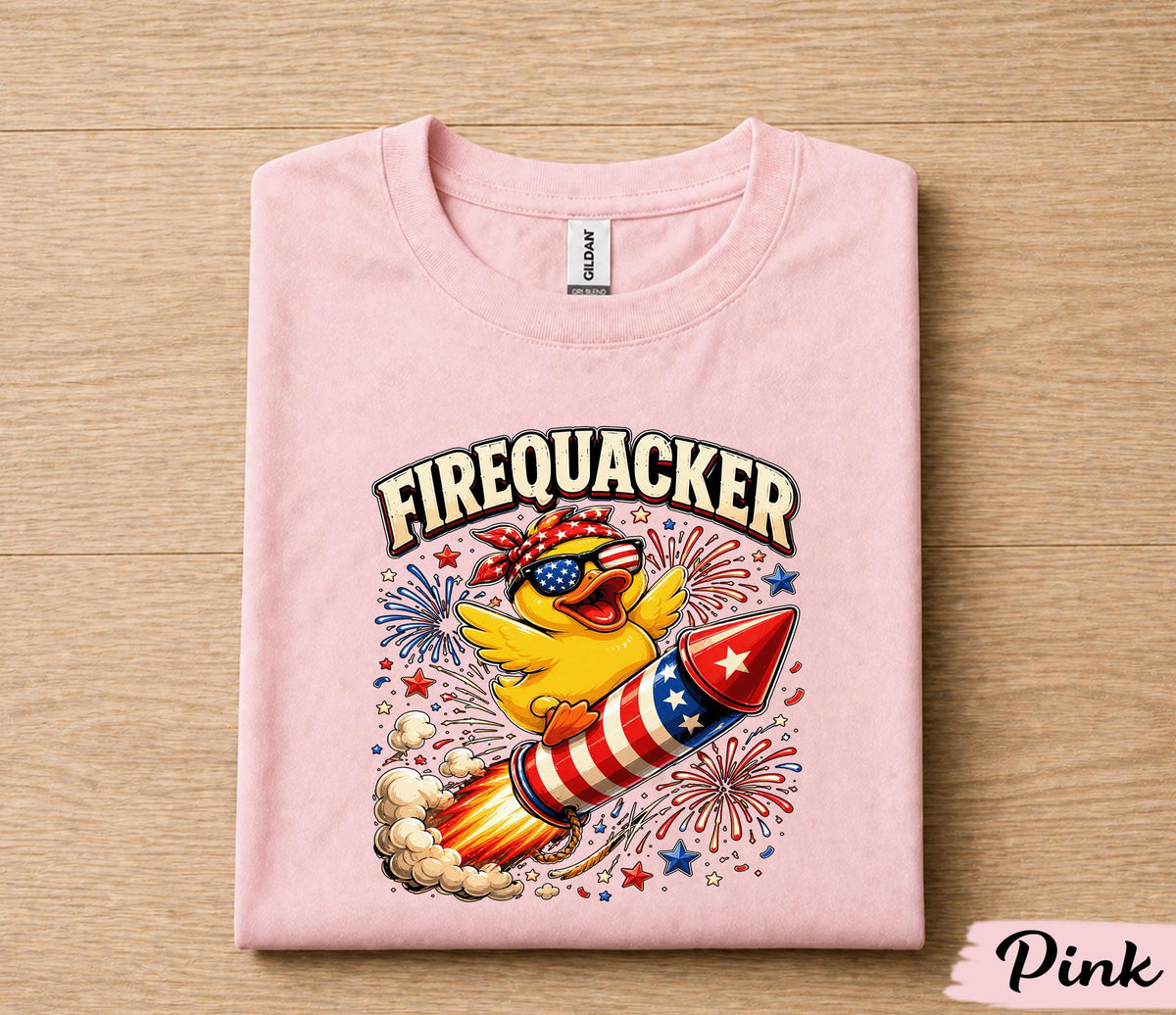 Firequacker 4th of July Shirt, Patriotic Duck Riding Firework Rocket Tee, Funny American Independence Day Party Gift Forth of July