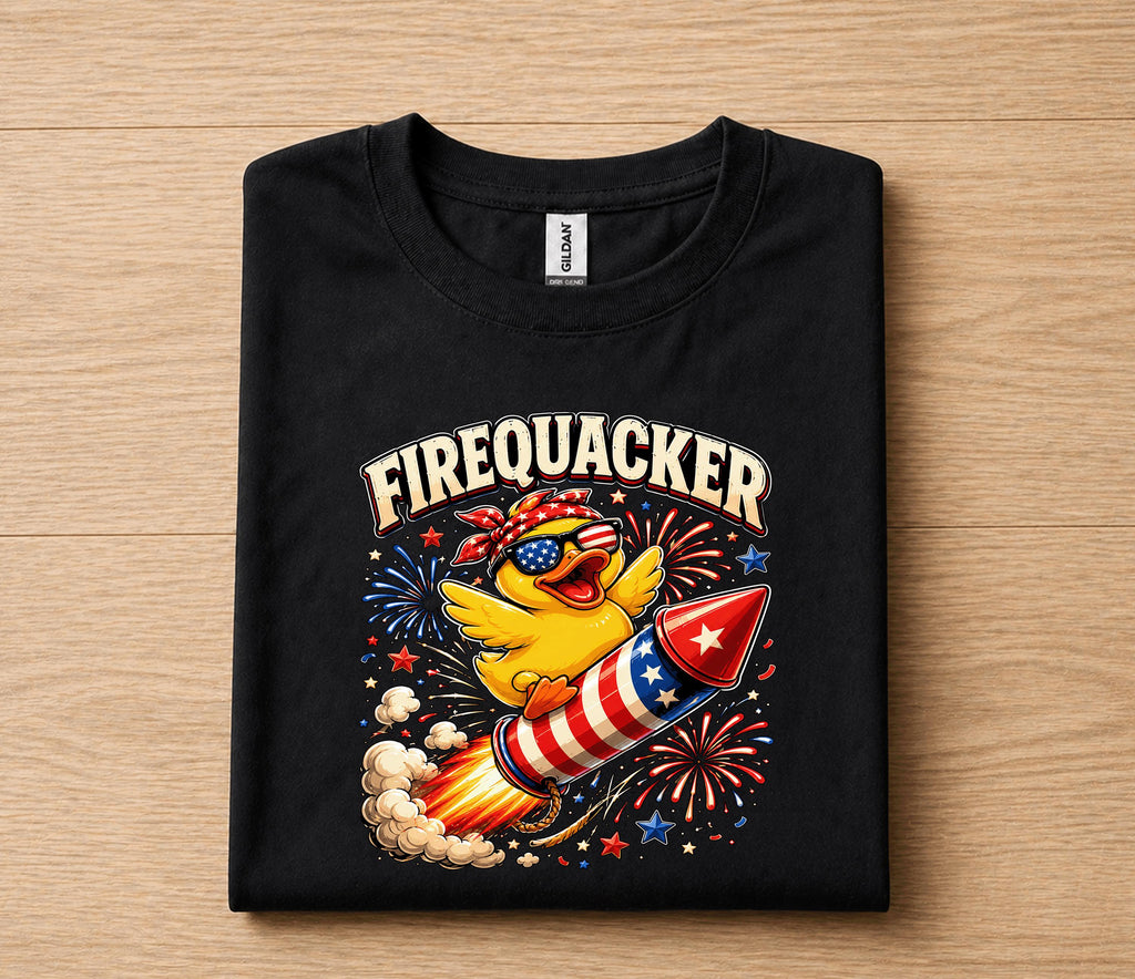 Firequacker 4th of July Shirt, Patriotic Duck Riding Firework Rocket Tee